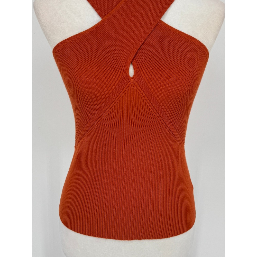 Anthropologie Halter Tank Top Medium Orange Ribbed Knit Criss Cross Keyhole NWT - Picture 3 of 11